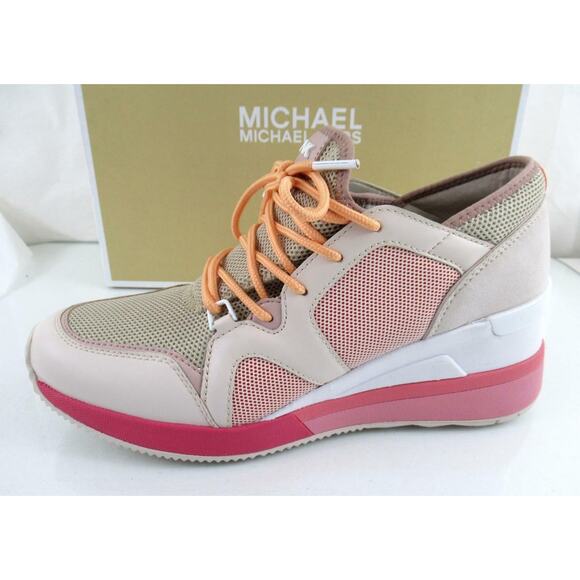 Michael Kors Liv Trainer Wedge Sneakers Lace Up Beige Light Sand / Pink - Picture 2 of 7